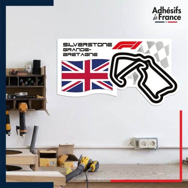 Adhésif grand format Formule 1 - Circuit F1 de Silverstone avec drapeau de Grande-Bretagne