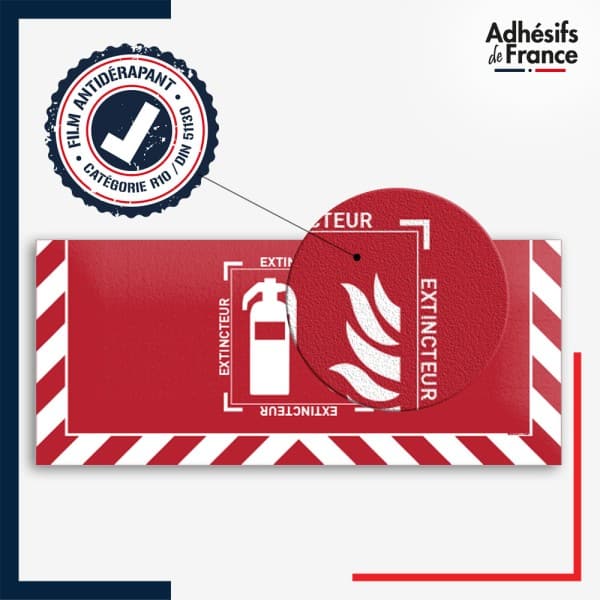 Adhésif sol antidérapant certifié indice R10 / DIN 51130 avec visuel pictogramme extincteur incendie