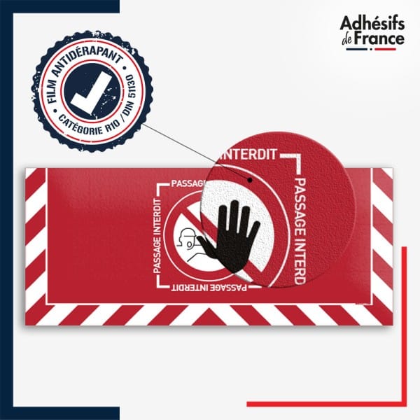 Adhésif sol antidérapant certifié indice R10 / DIN 51130 avec visuel pictogramme Passage interdit