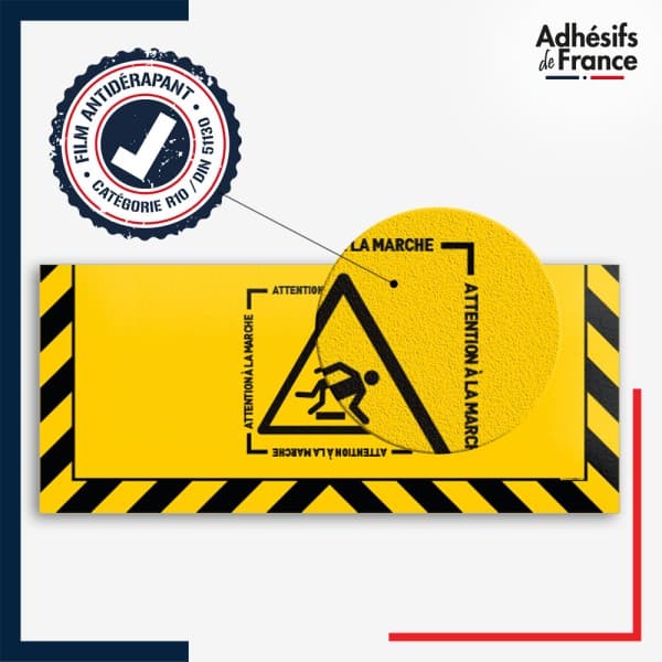 Adhésif sol antidérapant certifié indice R10 / DIN 51130 avec visuel pictogramme Attention à la marche