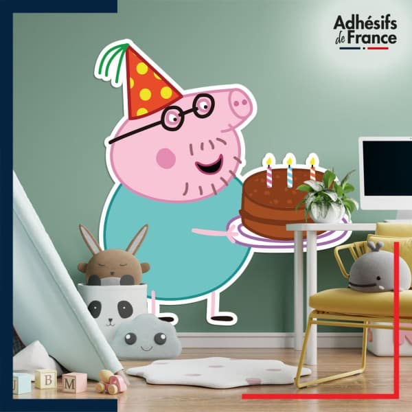 Adhésif grand format Peppa Pig - Papa Pig avec gâteau d'anniversaire