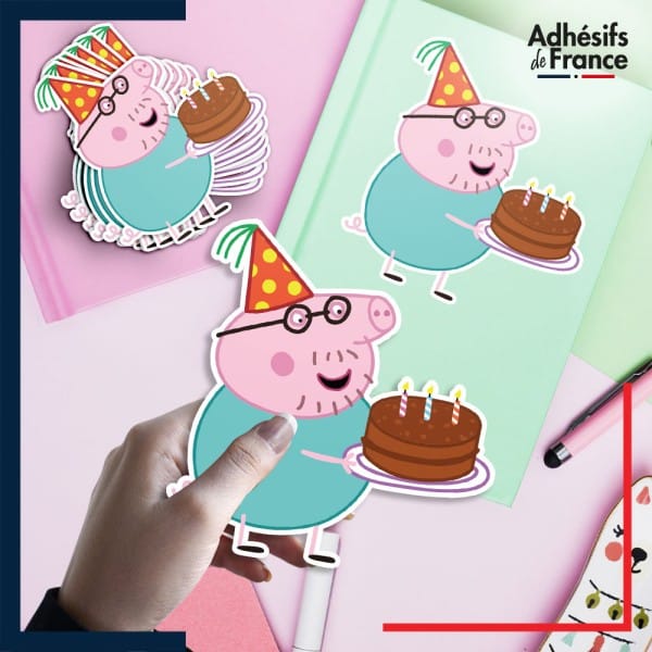 autocollant petit format Peppa Pig - Papa Pig avec gâteau d'anniversaire