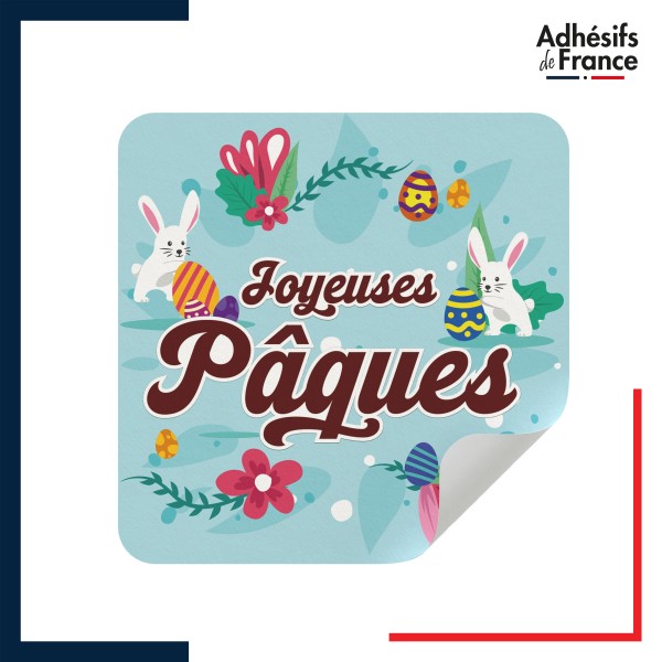 étiquette Pâques - Motif lapins, œufs et fleurs