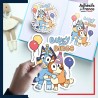 autocollant petit format Bluey - Bluey et Bingo anniversaire