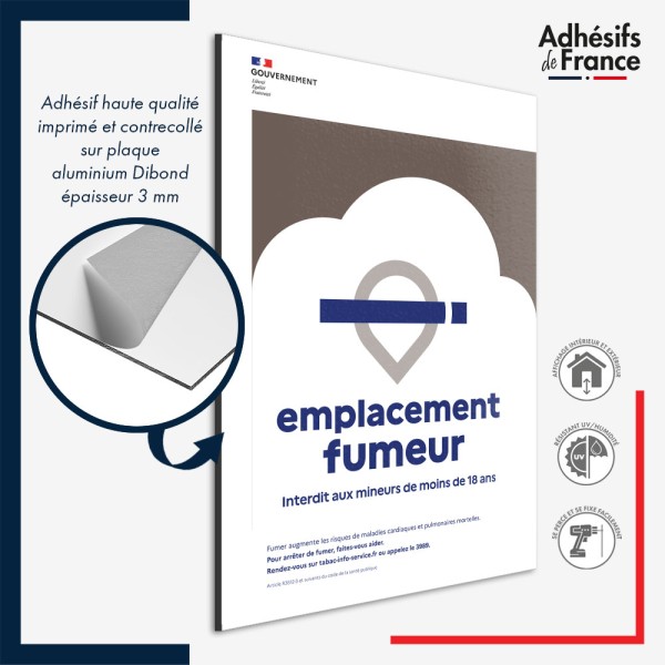 Panneau aluminium Emplacement fumeur – panneau conforme au décret 2025-582, lutte contre le tabagisme.