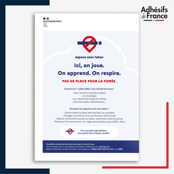 Affichage réglementaire Pas de place pour la fumée – conforme décret 2025-582, lutte contre le tabagisme, adhésif ou panneau.
