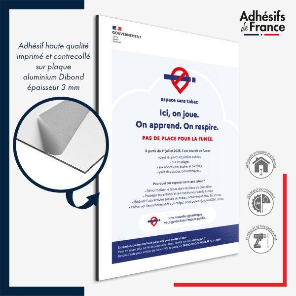 Panneau aluminium Pas de place pour la fumée – panneau conforme au décret 2025-582, lutte contre le tabagisme.