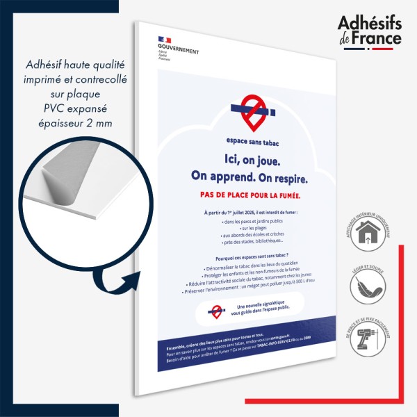 Panneau PVC Pas de place pour la fumée – panneau conforme au décret 2025-582, lutte contre le tabagisme.