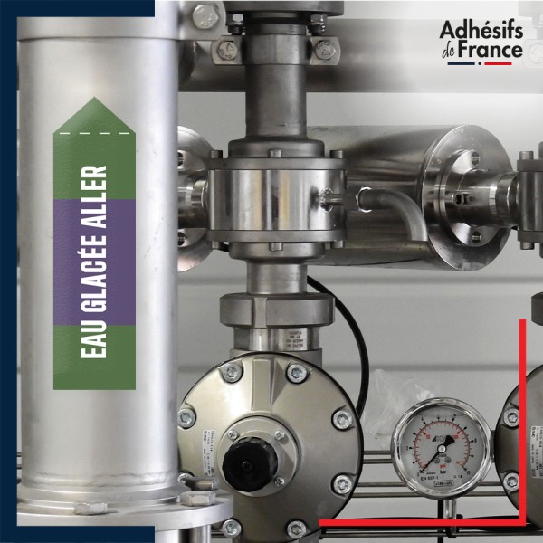 Marqueur tuyauterie norme française NFX eau - adhésif laminé colle forte - Eau glacée aller