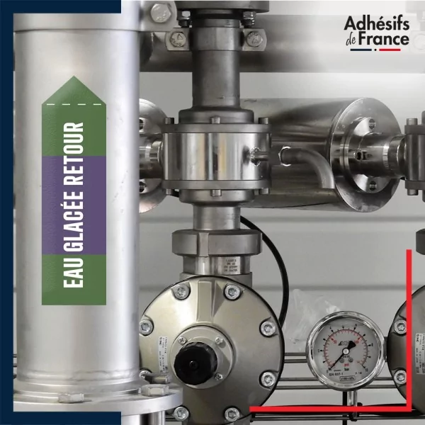 Marqueur tuyauterie norme française NFX eau - adhésif laminé colle forte - Eau glacée retour