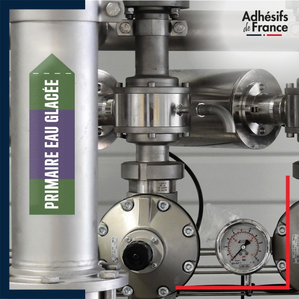 Marqueur tuyauterie norme française NFX eau - adhésif laminé colle forte - Primaire eau glacée