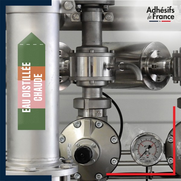 Marqueur tuyauterie norme française NFX eau - adhésif laminé colle forte - Eau distillée chaude