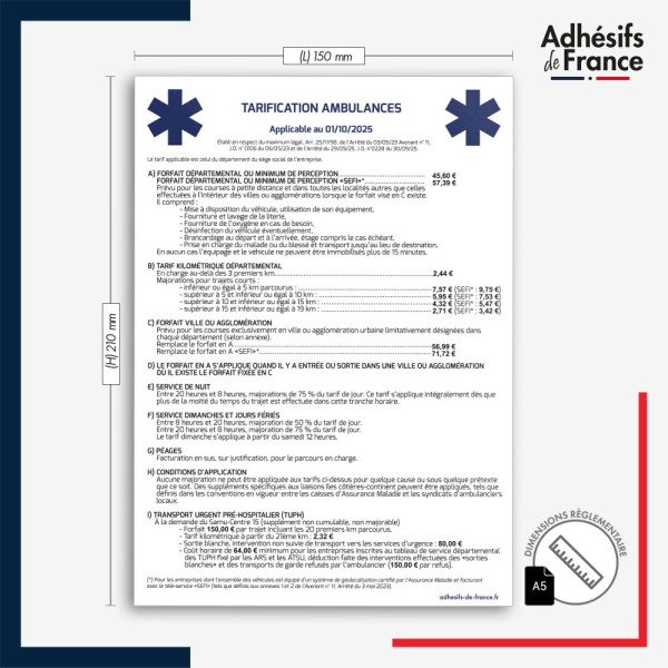 dimension adhésif tarification ambulances