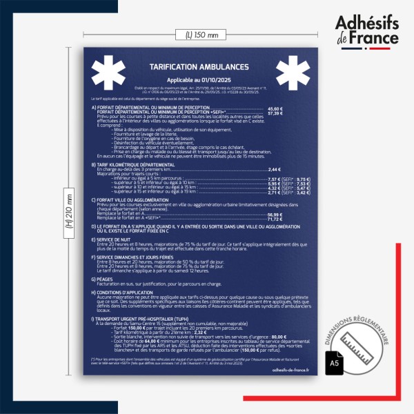 dimension adhésif tarification ambulances - Fond bleu