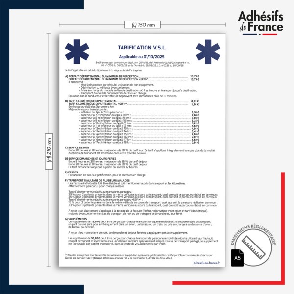 dimension adhésif tarification VSL - ZONE D