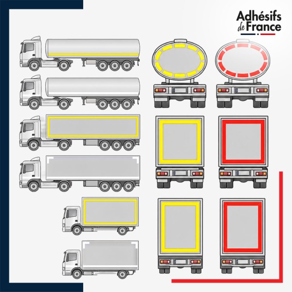 Schéma d'installation du marquage de contour réfléchissant sur camions et citernes selon la réglementation.