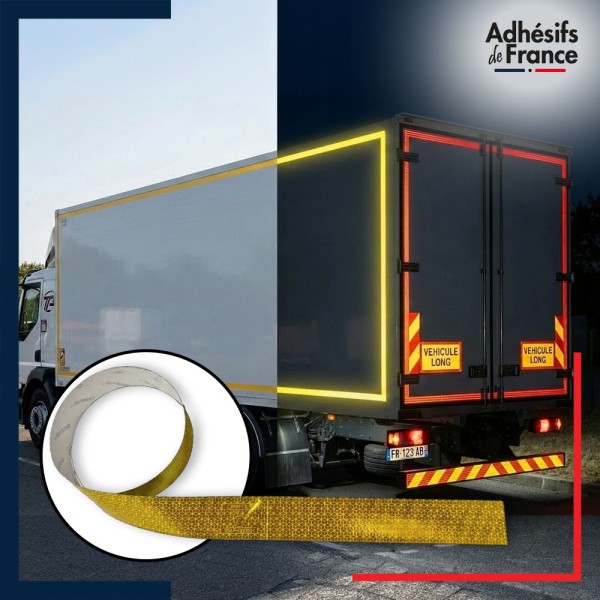 Exemple de pose de bande réfléchissante jaune sur un camion de nuit - Sécurité routière.