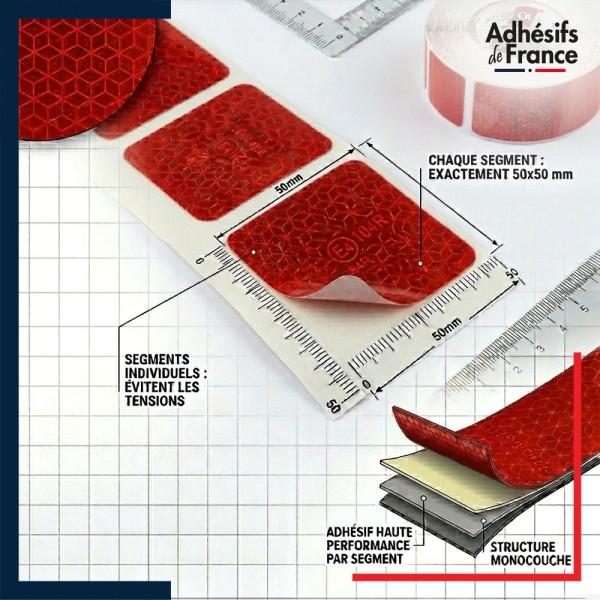 Détail de la bande réfléchissante segmentée rouge 50 mm pour bâche camion