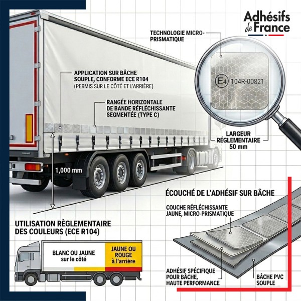 Marquage réglementaire ECE 104 sur bande réfléchissante blanche pour poids lourds bâchés