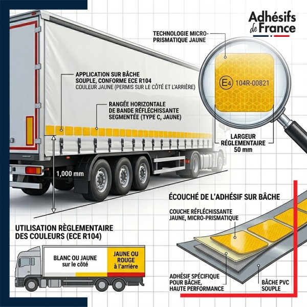 Marquage réglementaire ECE 104 sur bande réfléchissante jaune pour poids lourds bâchés
