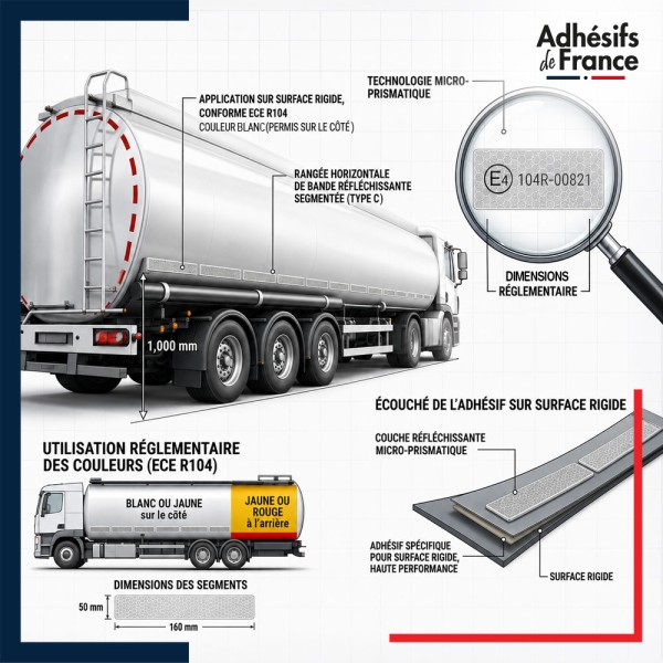 Marquage réglementaire ECE 104 sur bande segmentée réfléchissante blanche pour poids lourds citerne