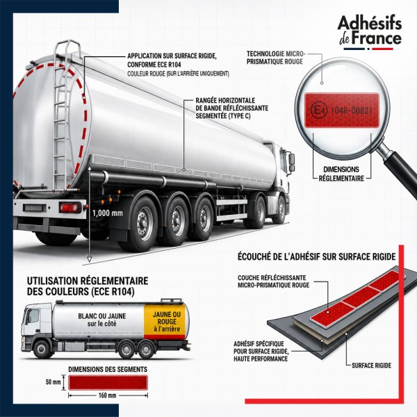 Marquage réglementaire ECE 104 sur bande segmentée réfléchissante rouge pour poids lourds citerne