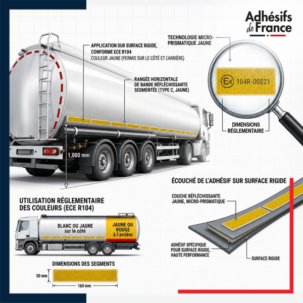 Marquage réglementaire ECE 104 sur bande segmentée réfléchissante jaune pour poids lourds citerne