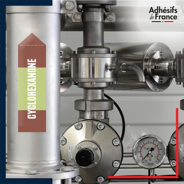 Marquage tuyauterie norme française NFX Inflammable - adhésif laminé colle forte - Cyclohexanone
