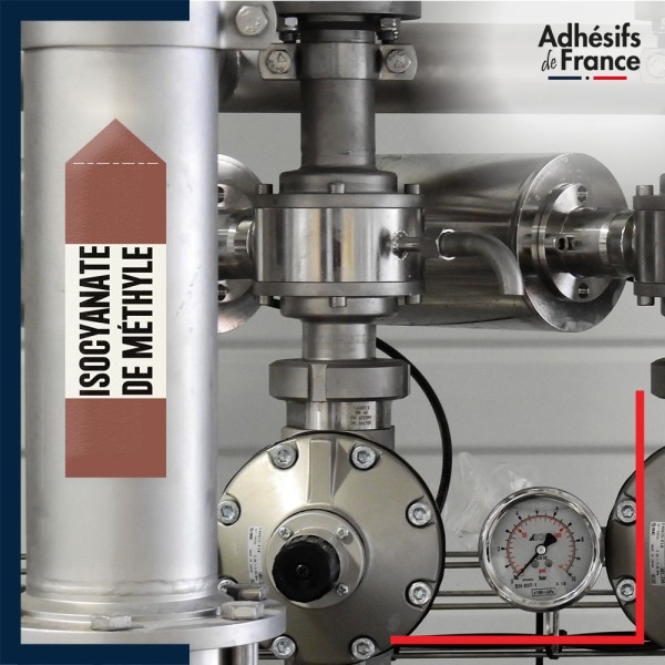 Marquage tuyauterie norme française NFX Inflammable - adhésif laminé colle forte - Isocyanate de méthyle