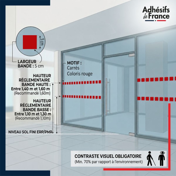 Bande adhésive pour conformité des vitrages en ERP - Motif carrés - rouge