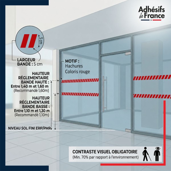 Bande adhésive pour conformité des vitrages en ERP - Motif hachures - rouge