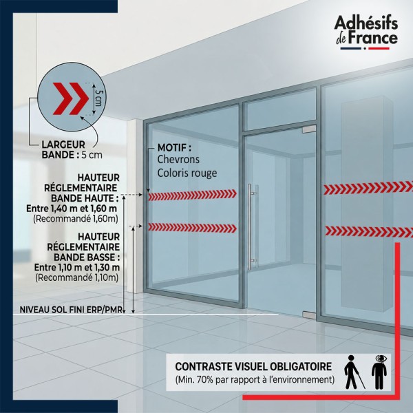 Bande adhésive pour conformité des vitrages en ERP - Motif chevrons - rouge