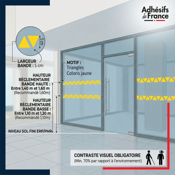 Bande adhésive pour conformité des vitrages en ERP - Motif triangles - jaune