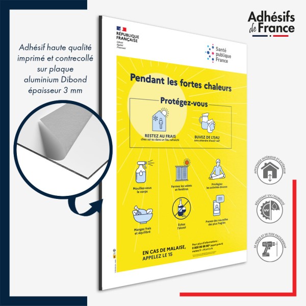 Panneau aluminium Dibond Affichage conforme alerte canicule - Protégez-vous pendant les fortes chaleurs