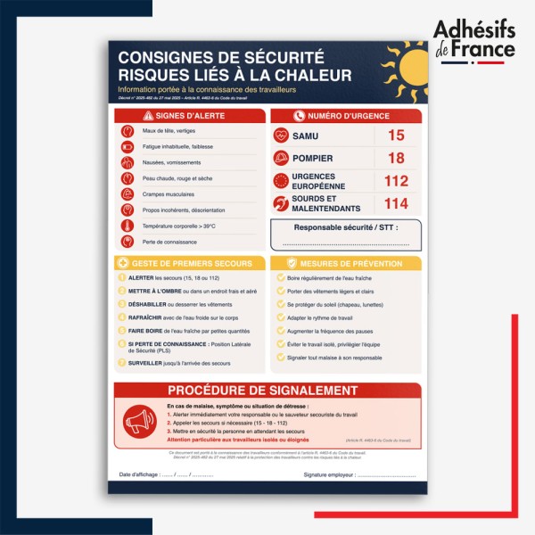 Affichage réglementaire alerte canicule - Consignes de sécurité adhésif ou panneau.