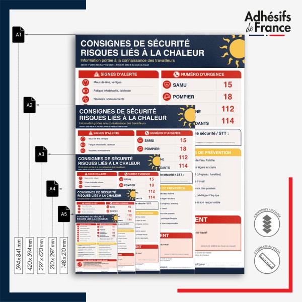 Affichage réglementaire formats A5, A4, A3, A2 et A1 - vigilance canicule - Consignes de sécurité