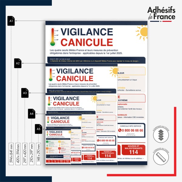 Affichage réglementaire formats A5, A4, A3, A2 et A1 - alerte canicule - Vigilance Canicule