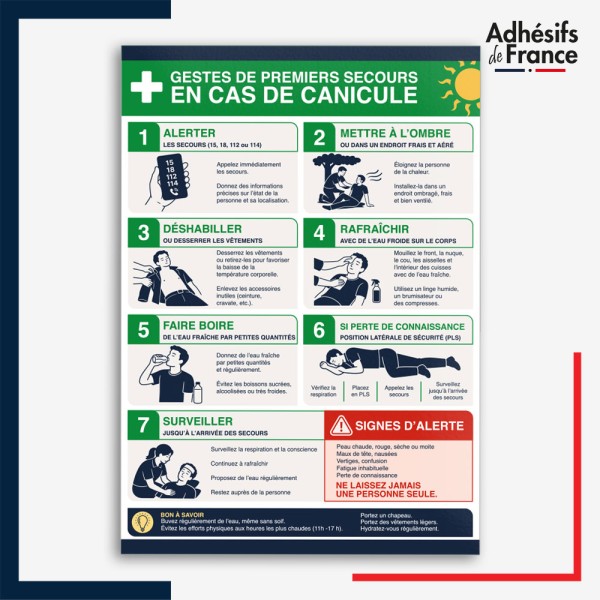 Affichage réglementaire alerte canicule - Gestes de premiers secours adhésif ou panneau.