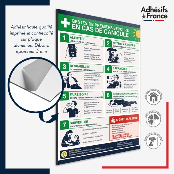 Panneau aluminium Dibond Affichage conforme alerte canicule - Gestes de premiers secours