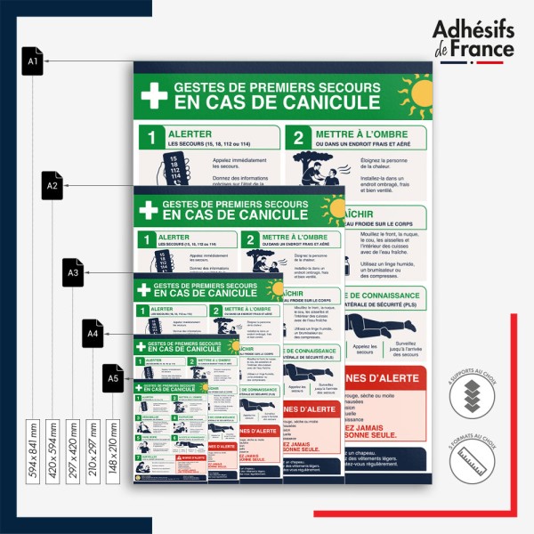 Affichage réglementaire formats A5, A4, A3, A2 et A1 - alerte canicule - Gestes de premiers secours