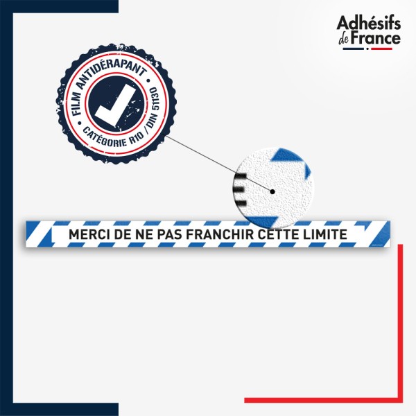 Vinyle adhésif antidérapant haute résistance avec plastification R10. Bande bleue et blanche - Ne pas franchir cette limite