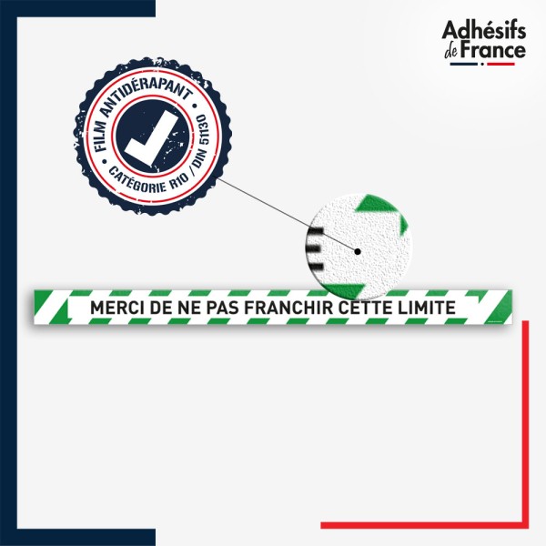 Vinyle adhésif antidérapant haute résistance avec plastification R10. Bande verte et blanche - Ne pas franchir cette limite