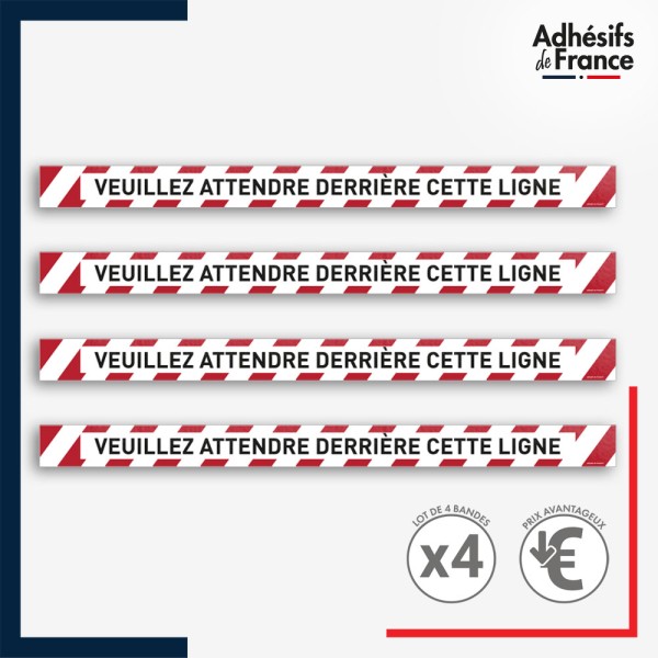 Adhésif sol antidérapant - Bande rouge et blanche - Attendre derrière cette ligne pour marquage entreprise, entrepôt. Lot de 4.