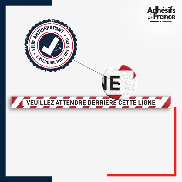 Vinyle adhésif antidérapant haute résistance avec plastification R10. Bande rouge et blanche - Attendre derrière cette ligne