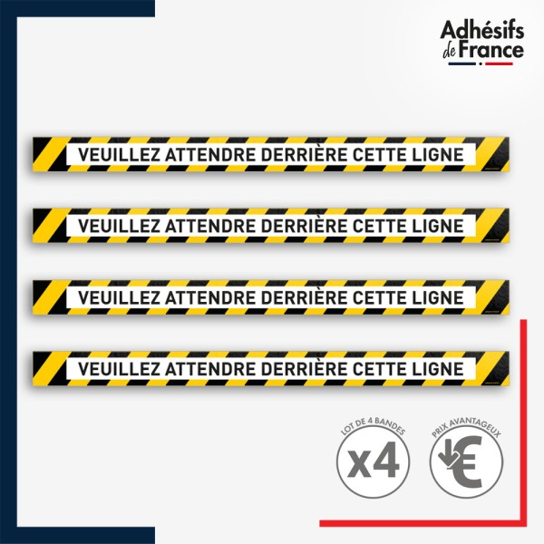Adhésif sol antidérapant - Bande jaune et noire - Attendre derrière cette ligne pour marquage entreprise, entrepôt. Lot de 4.