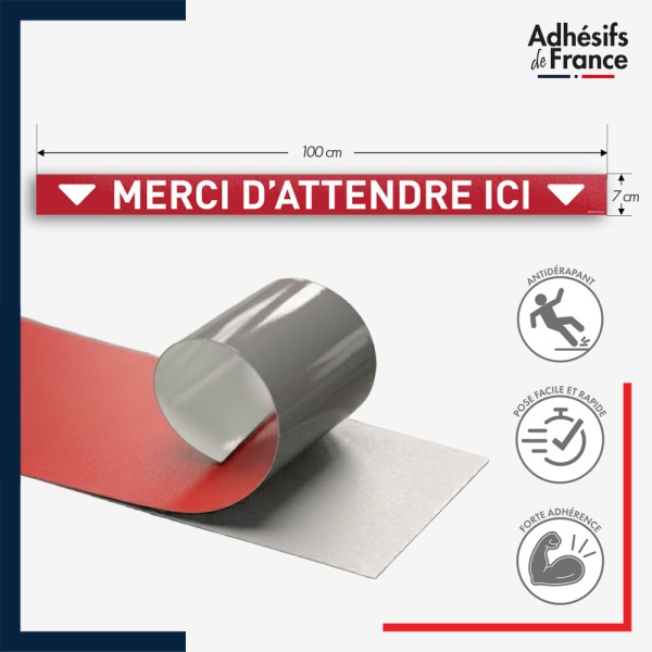 Marquage adhésif au sol antidérapant facile à poser - Bande merci d'attendre ici