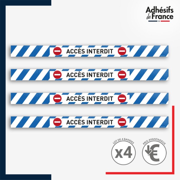 Adhésif sol antidérapant - Bande bleue et blanche - Accès interdit pour marquage entreprise, entrepôt. Lot de 4.