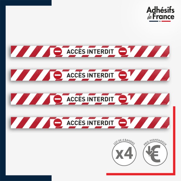 Adhésif sol antidérapant - Bande rouge et blanche - Accès interdit pour marquage entreprise, entrepôt. Lot de 4.