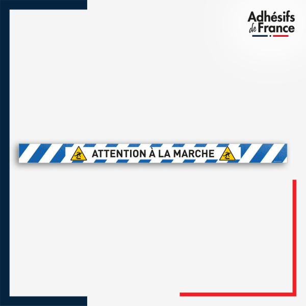 Adhésif sol antidérapant - Bande bleue et blanche - Attention à la marche - marquage sécurité.