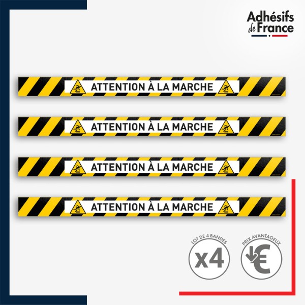 Adhésif sol antidérapant - Bande jaune et noire - Attention à la marche pour marquage entreprise, entrepôt. Lot de 4.
